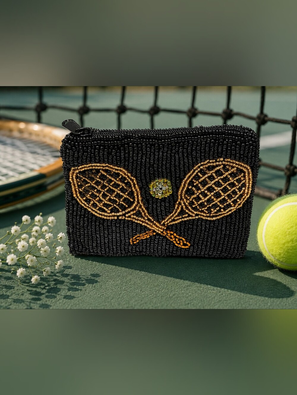 Vintage Tennis Beaded Coin Purse – Crossed Racquets – New Old Stock